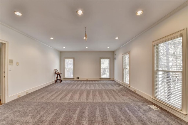 carpeted spare room with plenty of natural light and ornamental molding