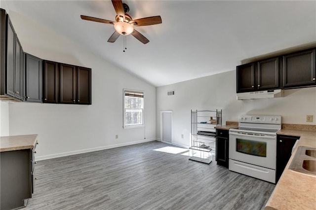 kitchen with ceiling fan, light hardwood / wood-style floors, lofted ceiling, and white electric stove