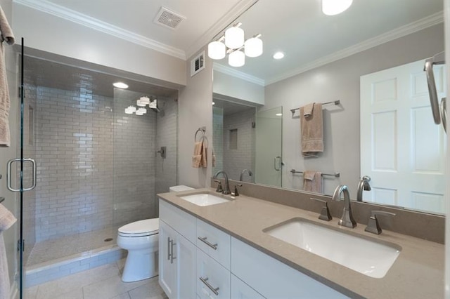 bathroom featuring a stall shower, ornamental molding, visible vents, and a sink