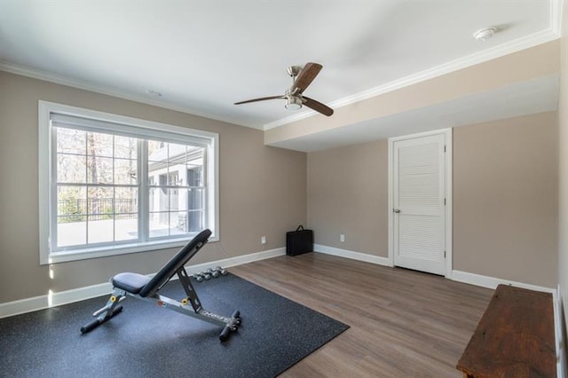 workout room with baseboards, crown molding, and a ceiling fan