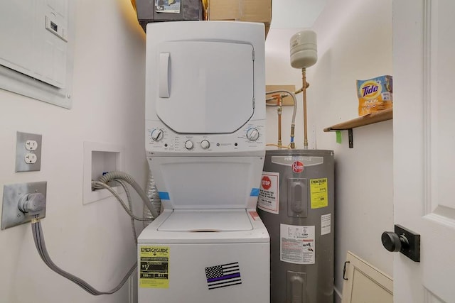 laundry area with stacked washer and dryer, electric water heater, and electric panel