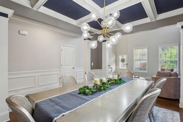 6977 Demeter Dr, Atlanta, GA 30349 - dining area featuring coffered ceiling, a chandelier, crown molding, beamed ceiling, and wood finished floors