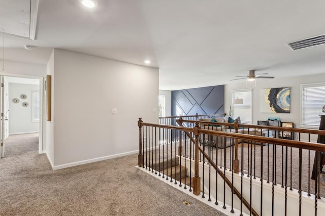 6977 Demeter Dr, Atlanta, GA 30349 - hallway featuring attic access, carpet, baseboards, an upstairs landing, and recessed lighting