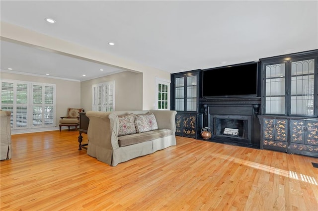 3231 Connemara Trce, Lawrenceville, GA 30044 - living area featuring wood finished floors, crown molding, recessed lighting, a fireplace with flush hearth, and baseboards