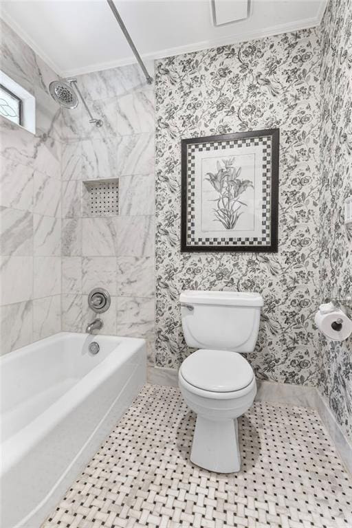 3231 Connemara Trce, Lawrenceville, GA 30044 - full bath featuring shower / washtub combination, ornamental molding, toilet, wallpapered walls, and baseboards