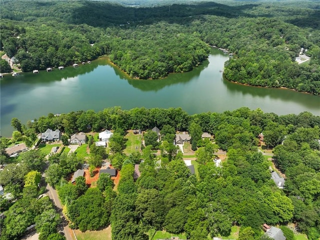 birds eye view of property featuring a water view and a wooded view