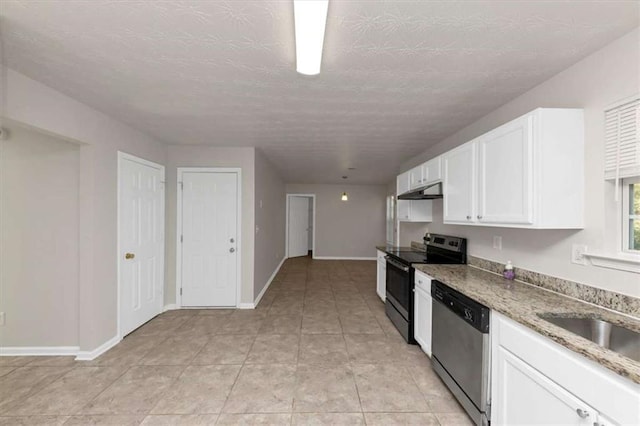 116 Rolling Meadows Ct, Hampton, GA 30228 - kitchen with sink, stainless steel appliances, light stone counters, a textured ceiling, and white cabinets