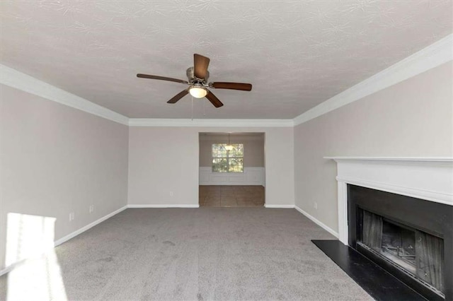 116 Rolling Meadows Ct, Hampton, GA 30228 - unfurnished living room with ceiling fan, carpet floors, a textured ceiling, and ornamental molding