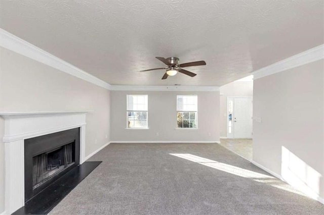 116 Rolling Meadows Ct, Hampton, GA 30228 - unfurnished living room with ceiling fan, carpet floors, a textured ceiling, and ornamental molding