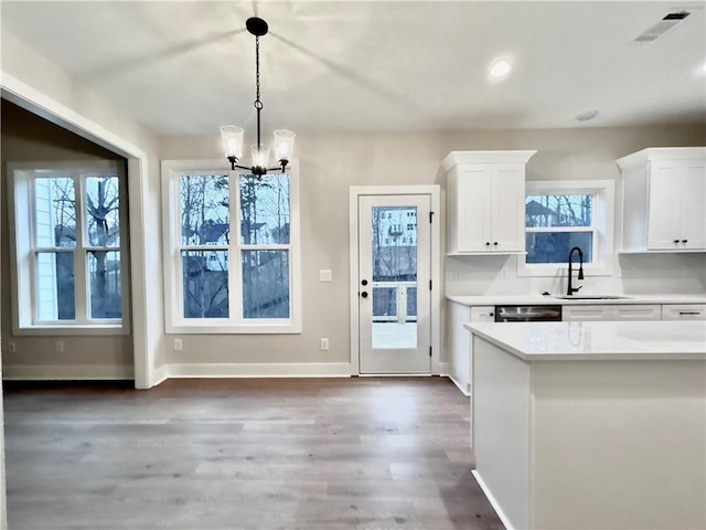 kitchen featuring sink, pendant lighting, white cabinets, and dark hardwood / wood-style floors