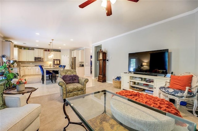 345 Piedmont Cir, Covington, GA 30016 - living room featuring crown molding, a ceiling fan, and recessed lighting