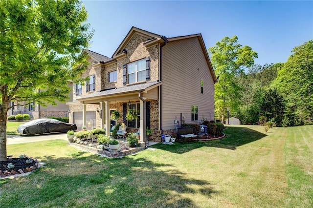 345 Piedmont Cir, Covington, GA 30016 - view of front facade with an attached garage, concrete driveway, a front lawn, and brick siding