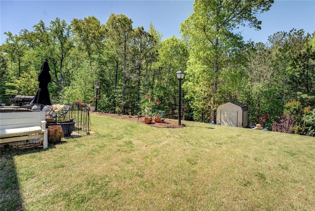 345 Piedmont Cir, Covington, GA 30016 - view of grassy yard featuring a shed, an outbuilding, and a forest view