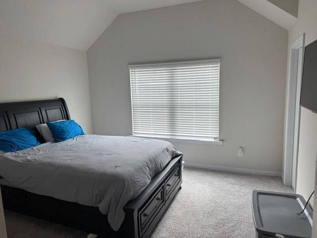 bedroom with multiple windows, lofted ceiling, and light carpet