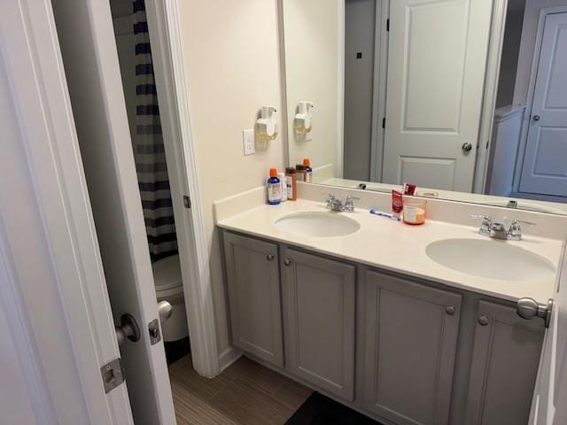 bathroom featuring vanity, hardwood / wood-style flooring, and toilet