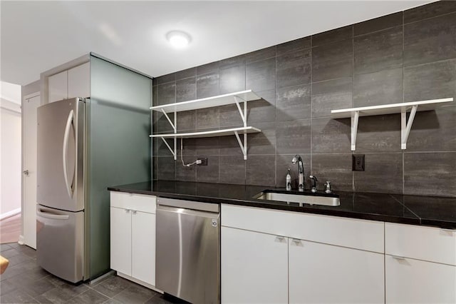 1501 Clairmont Rd Unit 1522, Decatur, GA 30033 - kitchen featuring stainless steel appliances, open shelves, decorative backsplash, dark countertops, and white cabinets