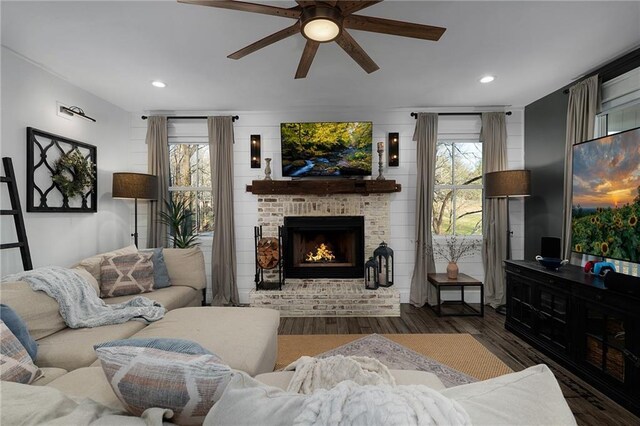29 Highpoint Ridge Ct, Ellijay, GA 30536 - living room featuring a fireplace, wood finished floors, a ceiling fan, and recessed lighting