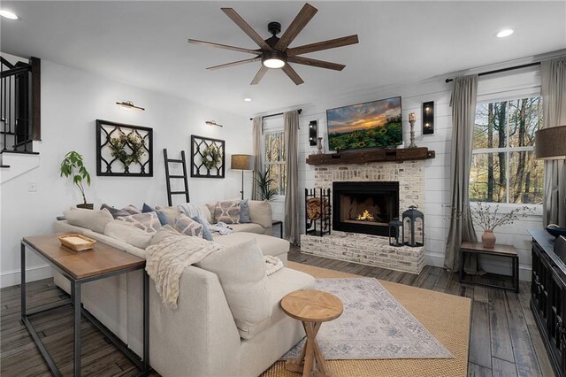 29 Highpoint Ridge Ct, Ellijay, GA 30536 - living area with baseboards, a fireplace, wood finished floors, and recessed lighting