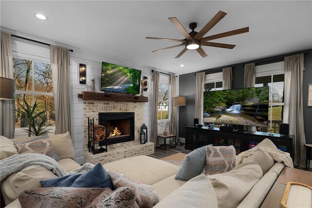 29 Highpoint Ridge Ct, Ellijay, GA 30536 - living room with a ceiling fan, recessed lighting, a fireplace, and wood finished floors