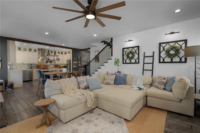 29 Highpoint Ridge Ct, Ellijay, GA 30536 - living area featuring a ceiling fan, recessed lighting, dark wood-style flooring, and stairway
