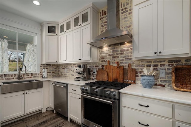 29 Highpoint Ridge Ct, Ellijay, GA 30536 - kitchen with a sink, light countertops, wall chimney range hood, backsplash, and gas stove