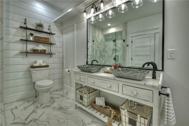 29 Highpoint Ridge Ct, Ellijay, GA 30536 - bathroom with a marble finish shower, baseboards, toilet, marble finish floor, and vanity