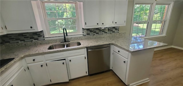 kitchen with a sink, stainless steel dishwasher, white cabinetry, a peninsula, and decorative backsplash