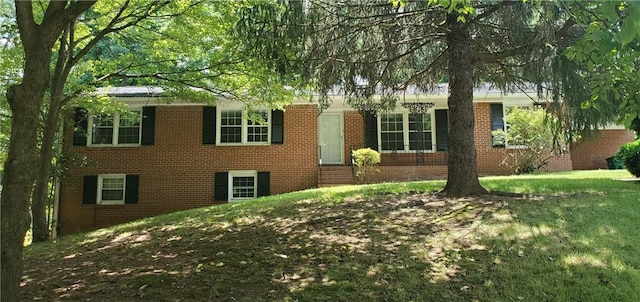 view of front of home featuring brick siding and a front lawn