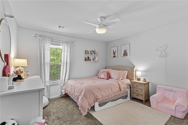 bedroom featuring carpet flooring and ceiling fan