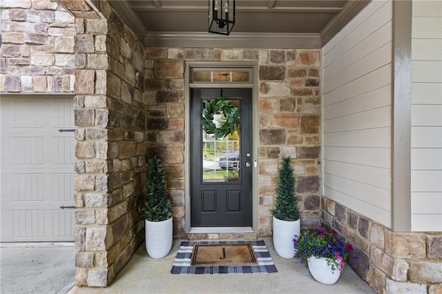 entrance to property featuring stone siding