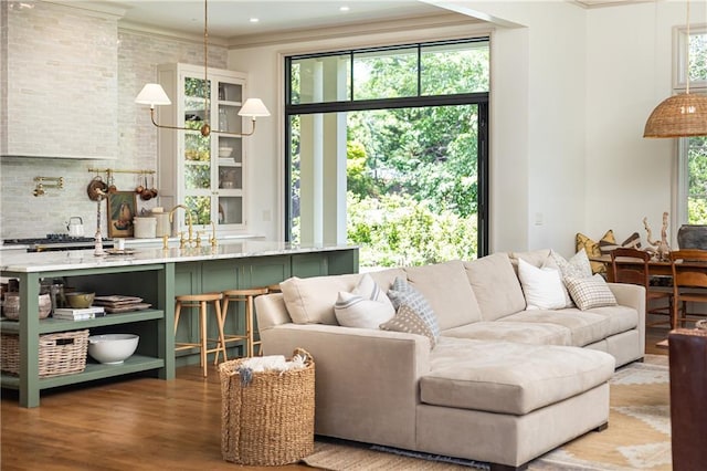 living room with crown molding and wood finished floors