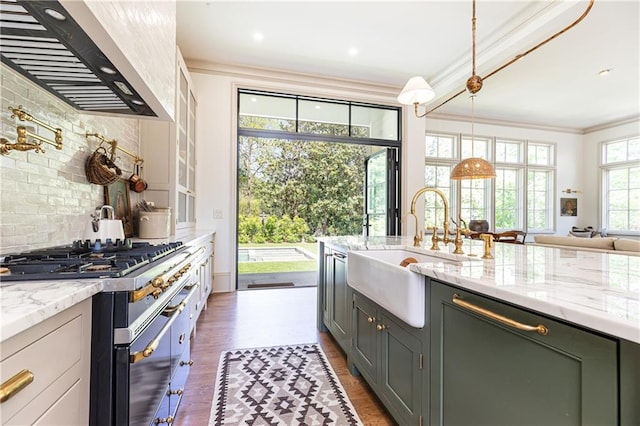 kitchen with crown molding, a sink, ventilation hood, range with two ovens, and decorative backsplash
