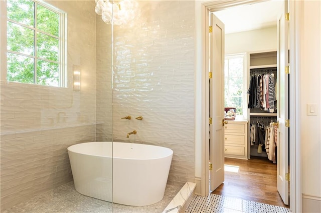 bathroom featuring a freestanding tub, tile walls, a walk in closet, and a wealth of natural light