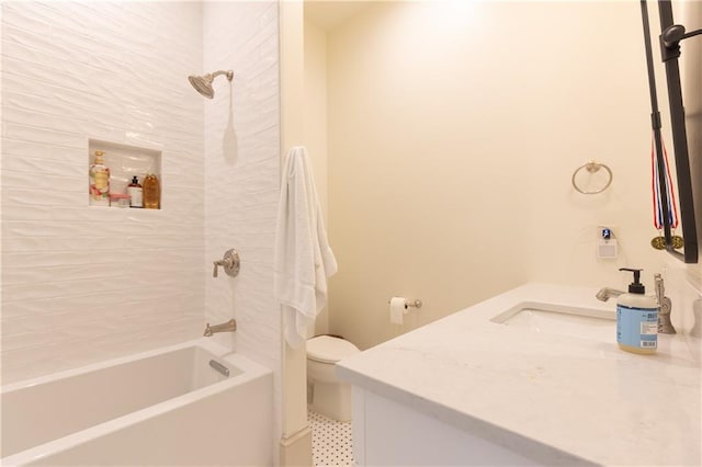 bathroom featuring shower / bath combination, toilet, and vanity