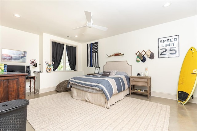 bedroom with baseboards, ceiling fan, and recessed lighting
