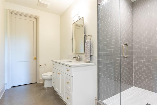 bathroom featuring vanity, visible vents, finished concrete flooring, toilet, and a stall shower