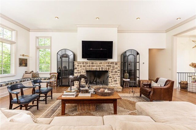 living room with ornamental molding, wood finished floors, and a healthy amount of sunlight