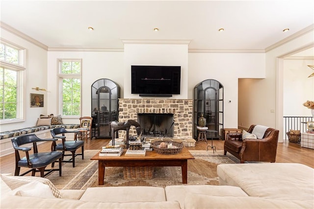 4785 Brinkley Ln, Atlanta, GA 30342 - living room with ornamental molding, wood finished floors, and a healthy amount of sunlight