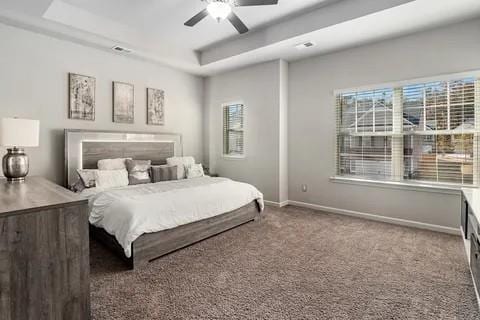 bedroom with ceiling fan, baseboards, a raised ceiling, and carpet flooring