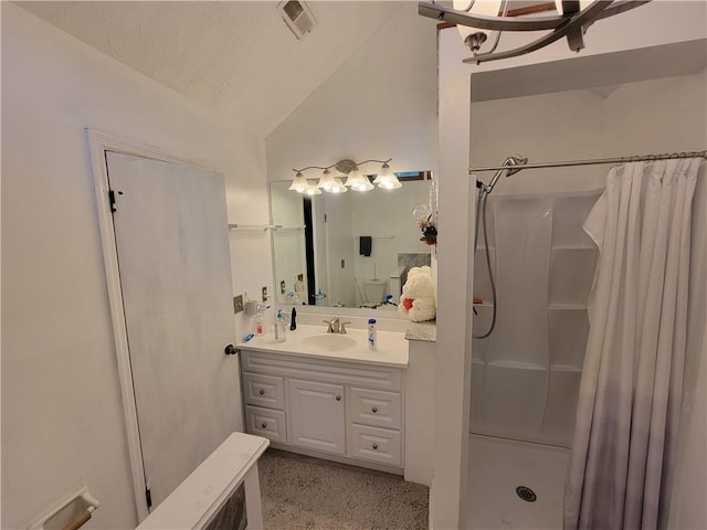 3723 Raiders Ridge Dr, Lithonia, GA 30038 - bathroom with a shower with curtain, lofted ceiling, vanity, and a chandelier