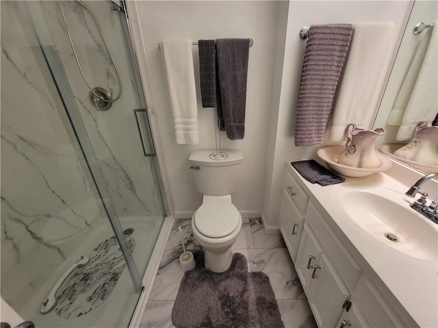 3723 Raiders Ridge Dr, Lithonia, GA 30038 - bathroom with marble look tiles, a marble finish shower, vanity, toilet, and baseboards