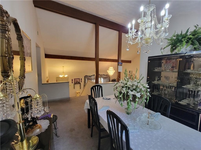 3723 Raiders Ridge Dr, Lithonia, GA 30038 - carpeted dining area with a chandelier, high vaulted ceiling, and beam ceiling