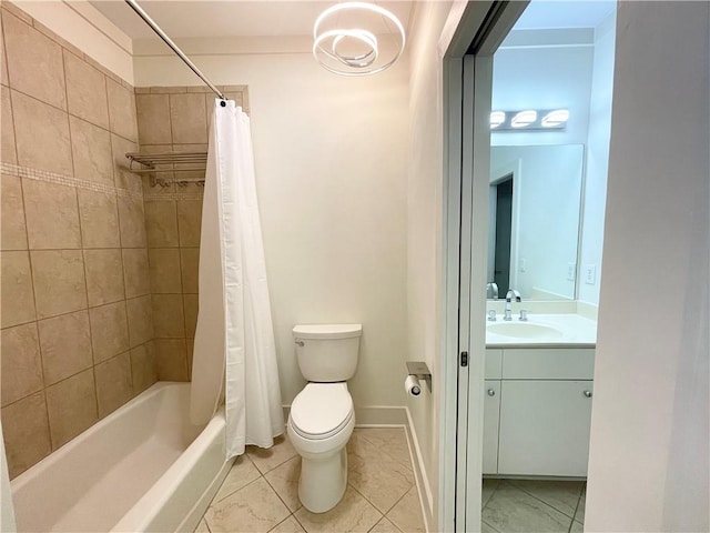 full bathroom with toilet, tile patterned floors, vanity, and shower / tub combo with curtain