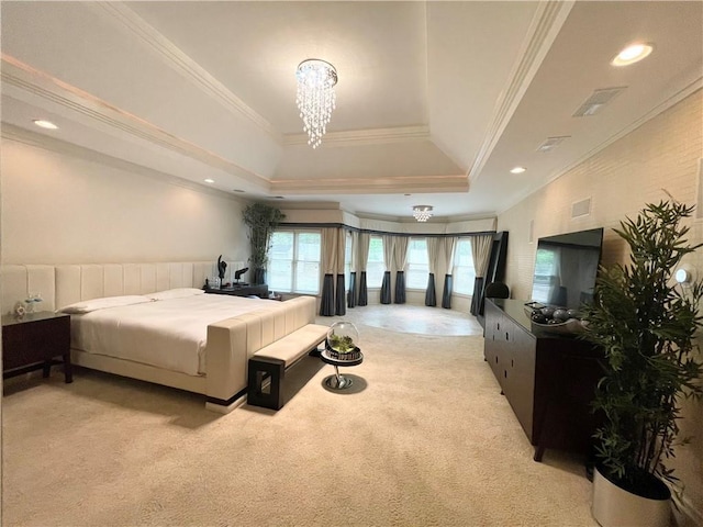 carpeted bedroom with a raised ceiling, crown molding, and a chandelier