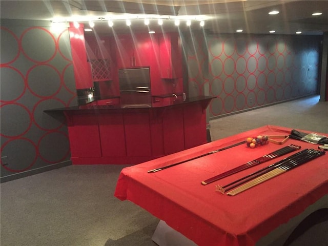 playroom with light colored carpet and pool table