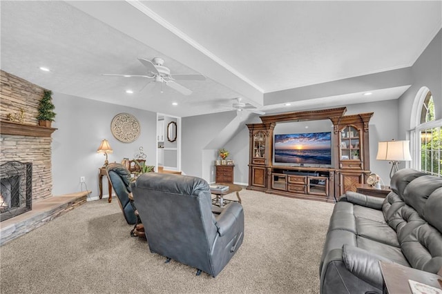 carpeted living area with ceiling fan, recessed lighting, baseboards, and a fireplace