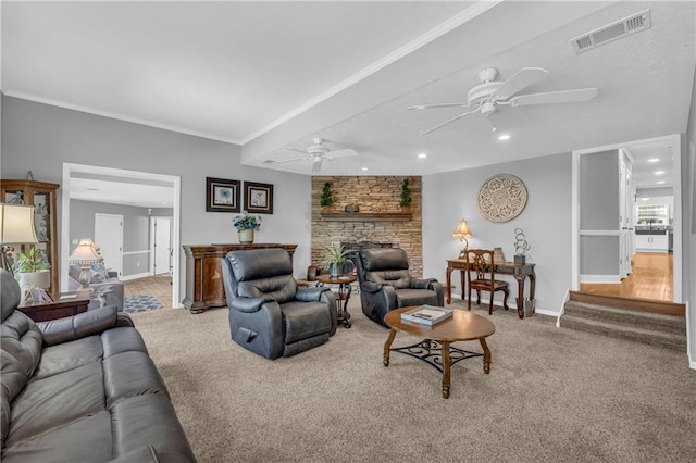 carpeted living room with recessed lighting, a fireplace, visible vents, and ceiling fan