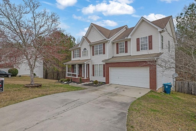 view of front of property with a garage, brick siding, fence, concrete driveway, and a front yard