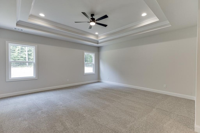 empty room with a tray ceiling, light colored carpet, and a healthy amount of sunlight