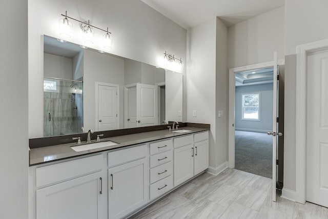 bathroom featuring vanity and an enclosed shower